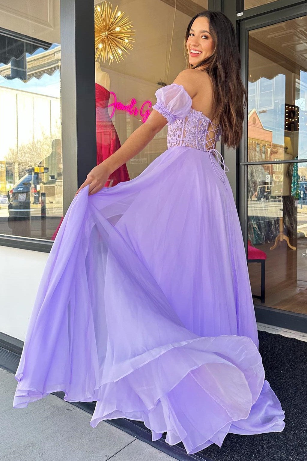 Beautiful A-Line Sweetheart Chiffon Prom Dress with Puff Sleeves BM bride