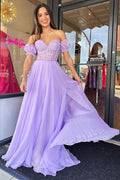 Beautiful A-Line Sweetheart Chiffon Prom Dress with Puff Sleeves BM bride