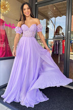Beautiful A-Line Sweetheart Chiffon Prom Dress with Puff Sleeves BM bride