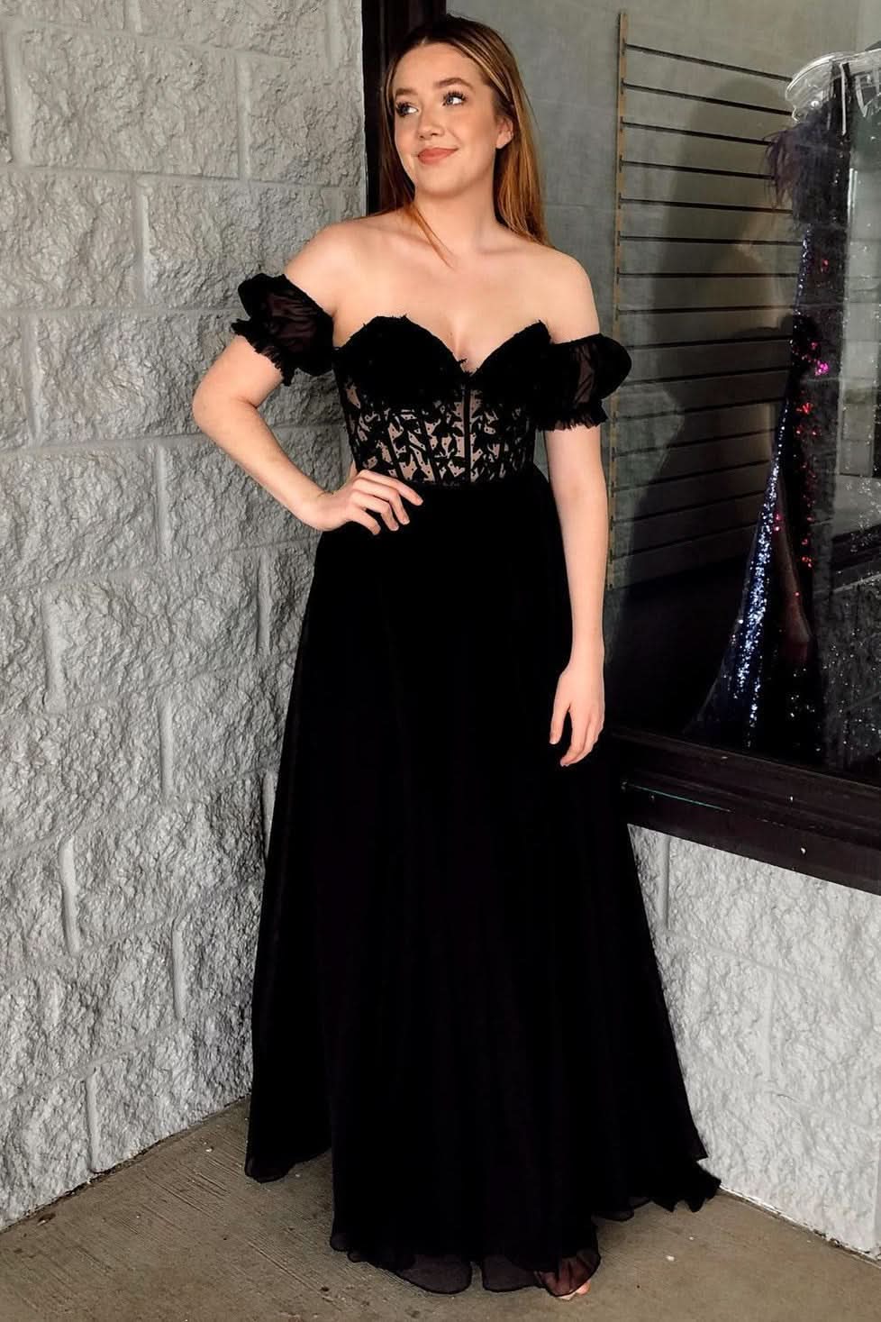 Beautiful A-Line Sweetheart Chiffon Prom Dress with Puff Sleeves BM bride