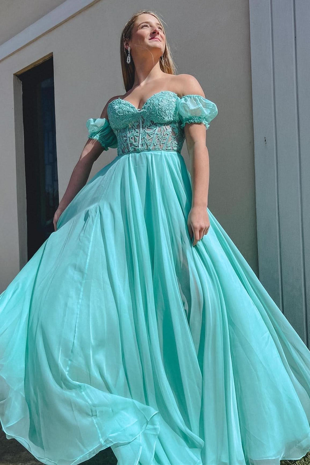 Beautiful A-Line Sweetheart Chiffon Prom Dress with Puff Sleeves BM bride
