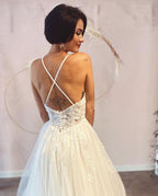Long A-Line Deep V-Neck Spaghetti Strap Backless Wedding Dress with Lace Tulle BM bride