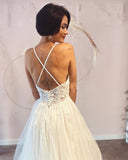 Long A-Line Deep V-Neck Spaghetti Strap Backless Wedding Dress with Lace Tulle BM bride