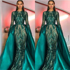 Emerald Green Long Sleeves Mermaid Sequins Prom Dress with Detachable Skirt BM bride