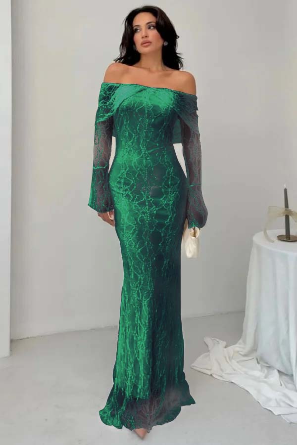 Off the Shoulder Long Sleeves Long Mermaid Prom Dress With Lace BMBRIDE