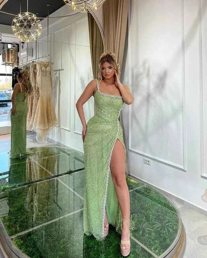 One Shoulder Sleeveless Mermaid Split Long Prom Dress With Beading