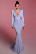 High Neck Long Sleeves Long Mermaid Prom Dress With Sequins BMBRIDE