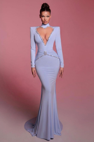 High Neck Long Sleeves Long Mermaid Prom Dress With Sequins BMBRIDE