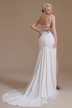 Gorgeous Satin Spaghetti Strap Open Back Long Mermaid Wedding Dress with Slit BM bride