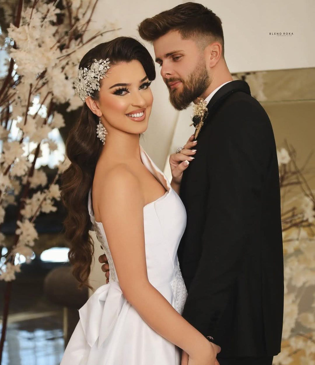 Long Sleeveless A-Line One-Shoulder Satin Wedding Dress with Slit BM bride