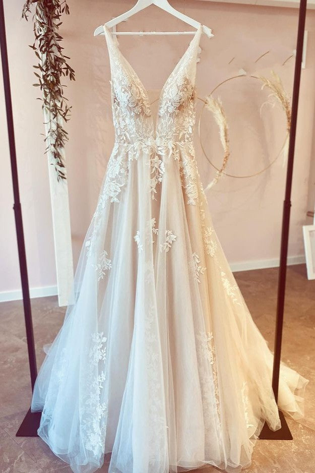 Deep V-Neck A-Line Floor-Length Tulle Wedding Dress with Floral Lace BM bride