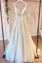 Deep V-Neck A-Line Floor-Length Tulle Wedding Dress with Floral Lace BM bride