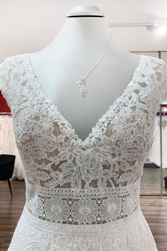 V-Neck Long A-Line Tulle Wedding Dress with Lace Appliques BM bride