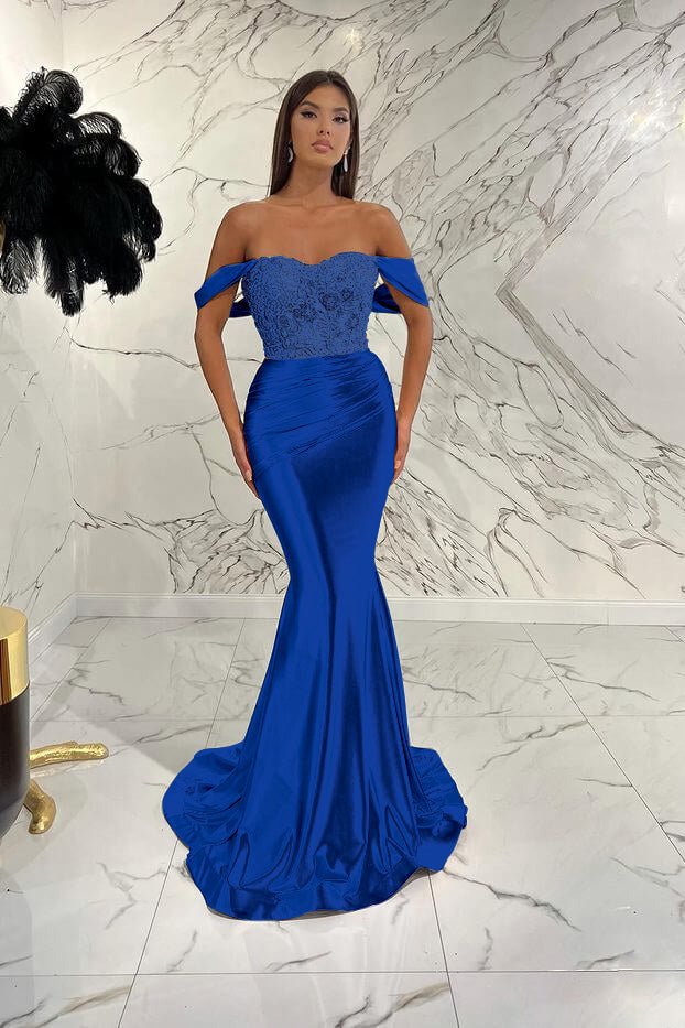 Gorgeous Off the Shoulder Mermaid Sequins Prom Dress With Beading Pleated BMBRIDE