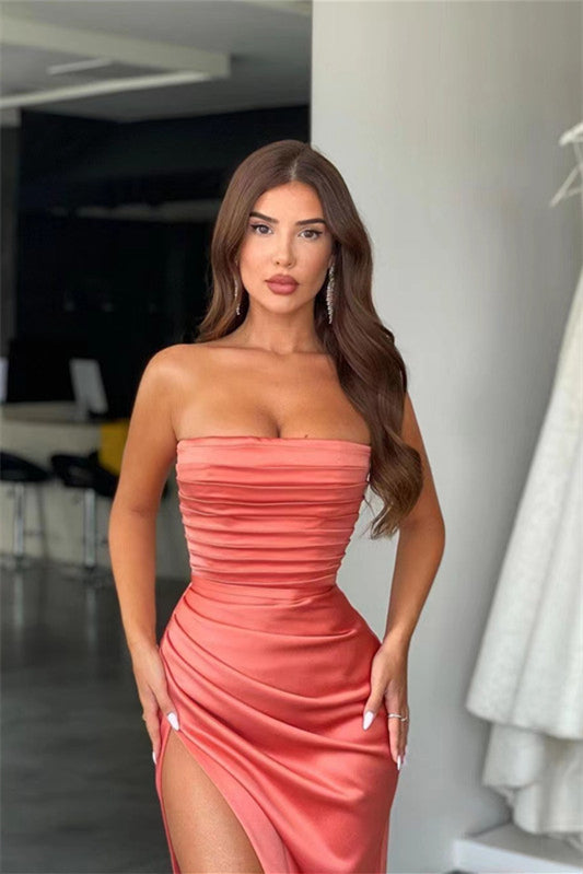 Coral Strapless Mermaid Prom Dress with Split Pleats BM bride