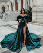 Dark Green Long Sleeves Classic Long Split Prom Dress With Belt