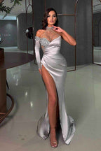 One Shoulder Long Sleeve Mermaid Split Long Prom Dress With Beading