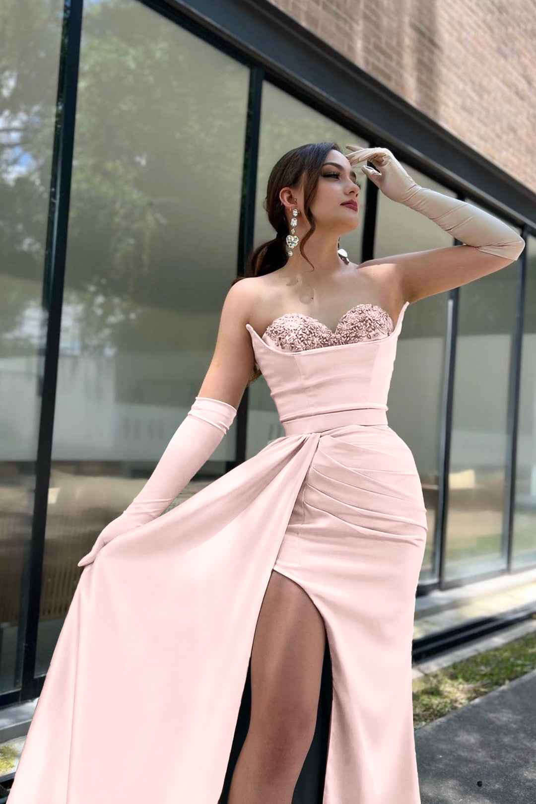 Prom Dress Sleeves Champagne Sweetheart High Slit With Gloves BMBRIDE