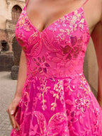Sparkly Fuchsia A Line Floral Corset V-Neck Sequin Prom Dress