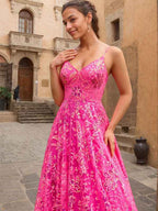 Sparkly Fuchsia A Line Floral Corset V-Neck Sequin Prom Dress
