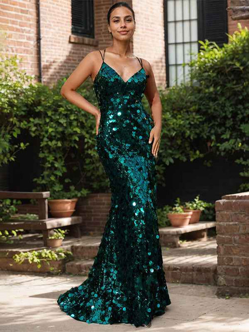 Sparkly Lace Up Back V-Neck Corset Sequin Mermaid Maxi Dress With Slit BMBRIDE