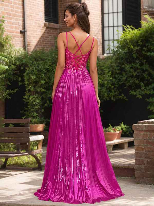 Fuchsia A Line Sweetheart Corset Pleated Prom Dress with Lace Appliques BMBRIDE