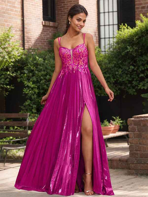 Fuchsia A Line Sweetheart Corset Pleated Prom Dress with Lace Appliques BMBRIDE