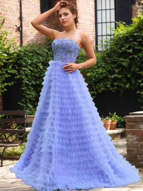 Blue A Line Tiered Ruffled Tulle Prom Dress with Beading Rhinestone BMBRIDE