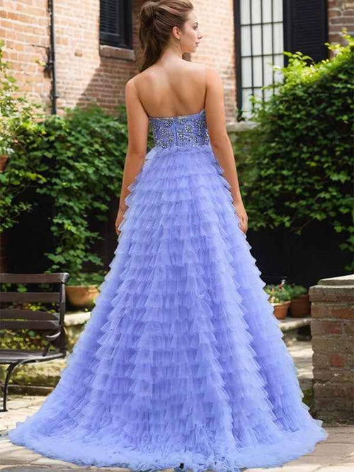 Blue A Line Tiered Ruffled Tulle Prom Dress with Beading Rhinestone BMBRIDE