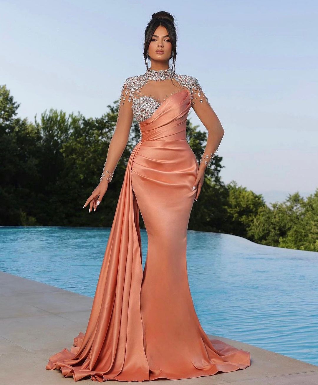 Prom Dress Long Mermaid Satin With Trail Beadings Long Sleeves Purple BMBRIDE
