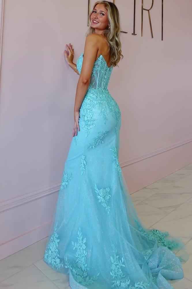 Tulle Strapless Sleeveless Long Mermaid Prom Dress With Appliques