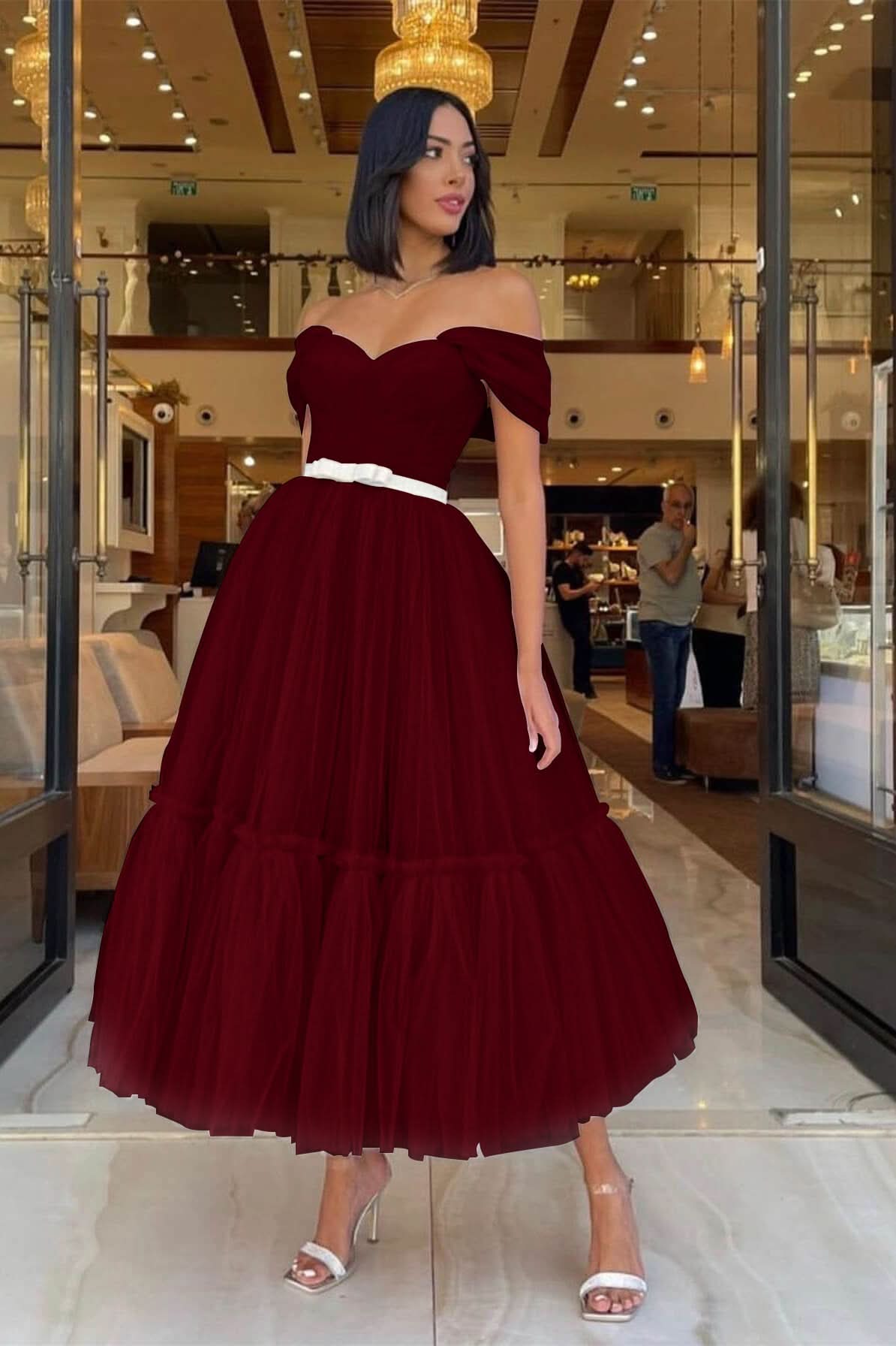 Light Pink Sweetheart Off-The-Shoulder Tulle Prom Dress with Belts BM bride