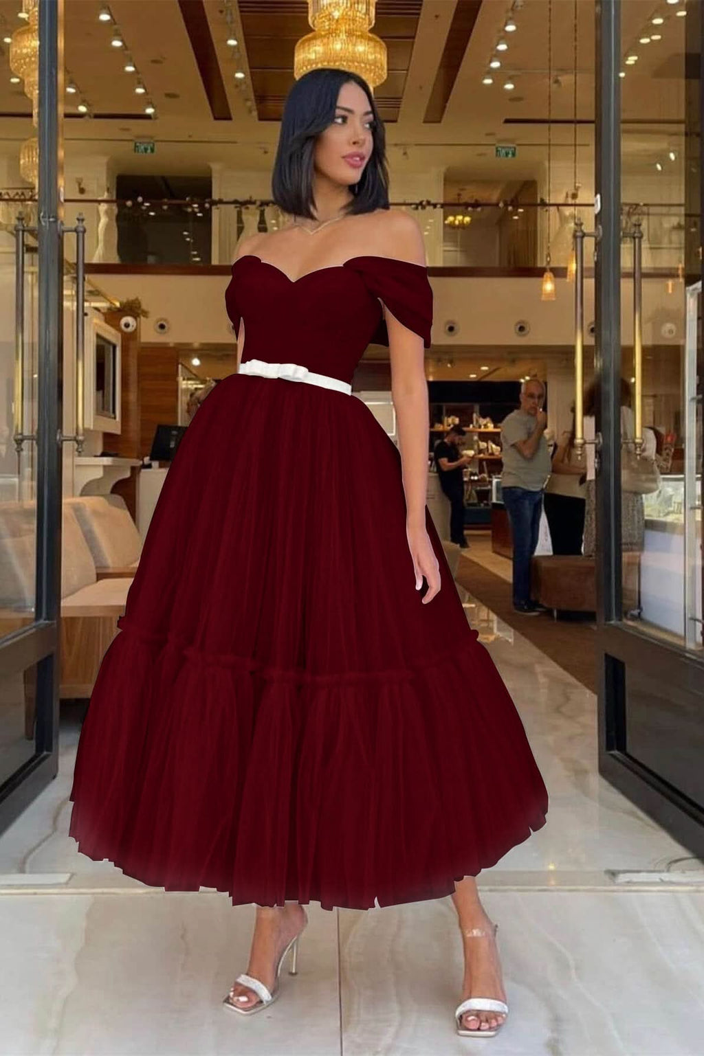 Light Pink Sweetheart Off-The-Shoulder Tulle Prom Dress with Belts BM bride