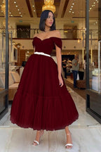 Light Pink Sweetheart Off-The-Shoulder Tulle Prom Dress with Belts BM bride