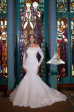 Long Mermaid Off-the-Shoulder Wedding Dress with Detachable Sleeves BM bride