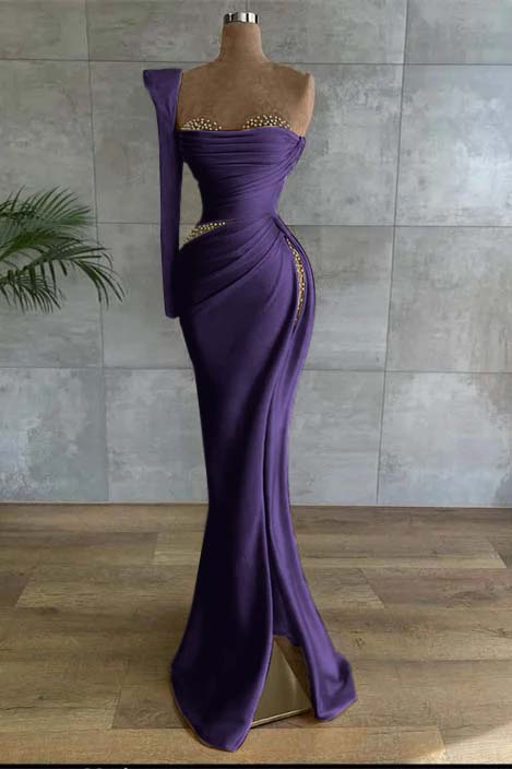 One Shoulder Long Sleeve Long High Split Prom Dress With Beading BMBRIDE