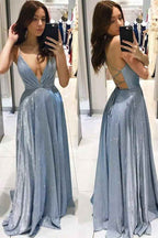 Sleeveless Backless Deep V Neck Long Prom Dress String Back Spaghetti Strap