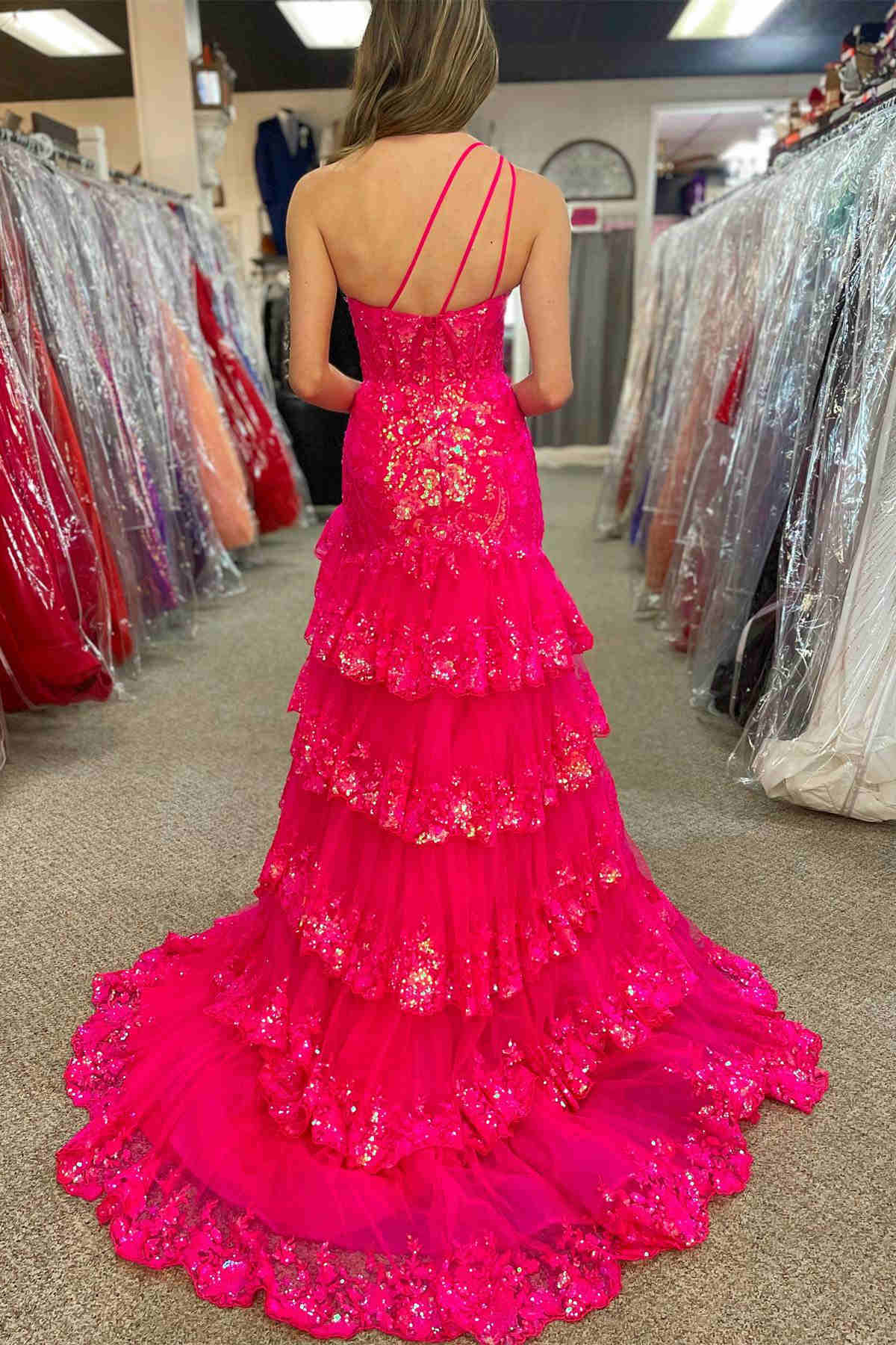 Sparkly A Line One Shoulder Navy Lace Corset Prom Dress with Ruffles