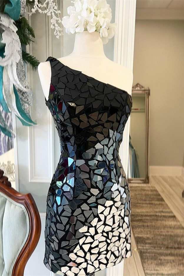 Stylish Black Gradient Cut Glass Mirror One-Shoulder Short Dress BM bride