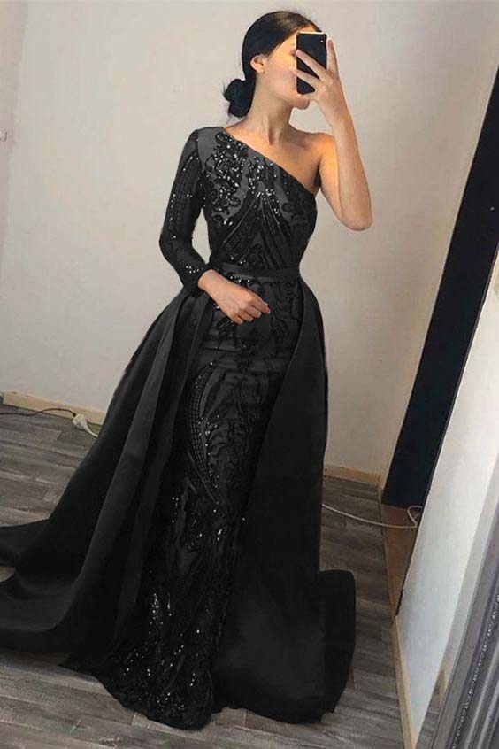 Dark Green Overskirt One Shoulder Long Sleeve Mermaid Prom Dress With Sequins BMBRIDE