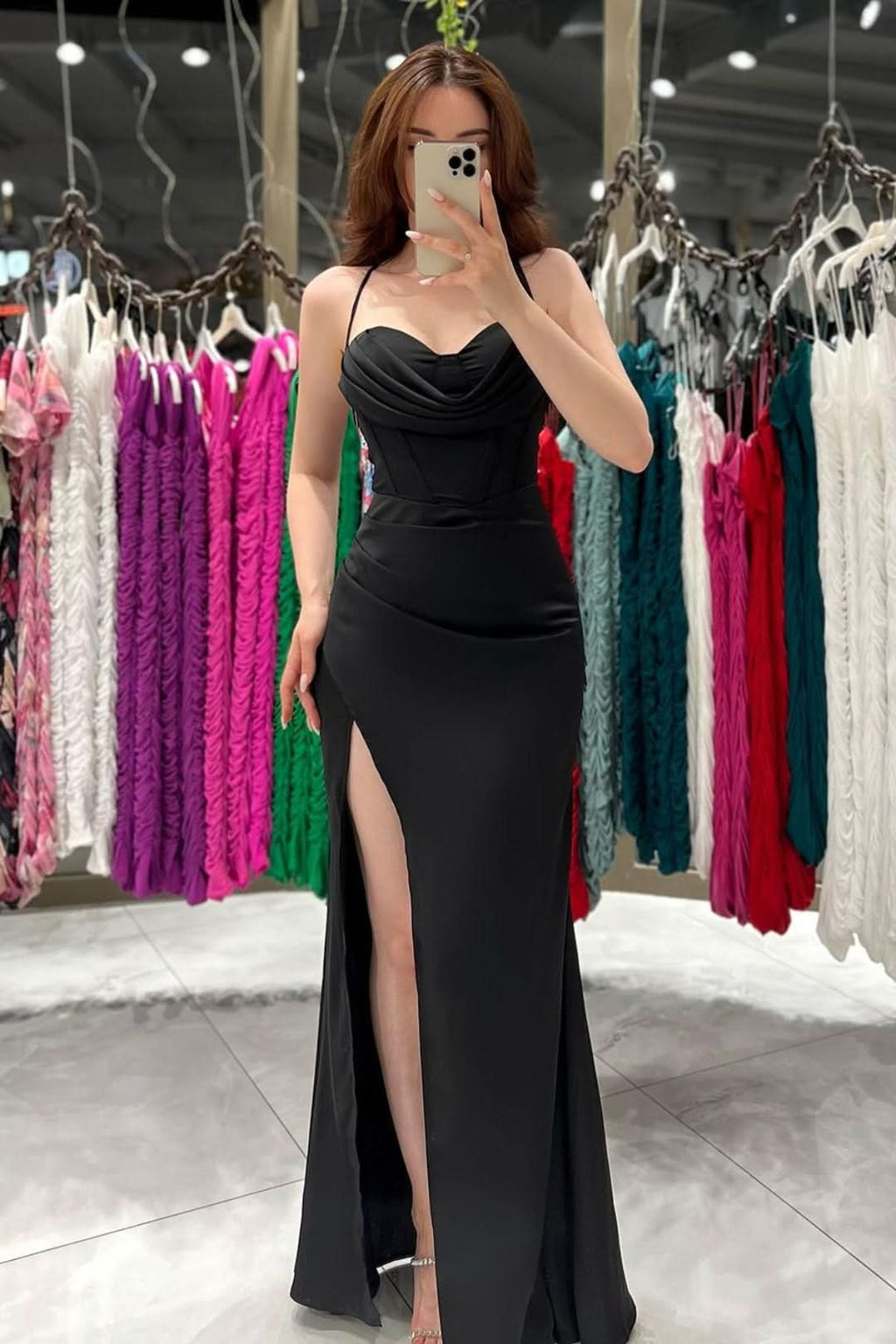 Black Spaghetti Strap Evening Dress Gown with High Slit BM bride