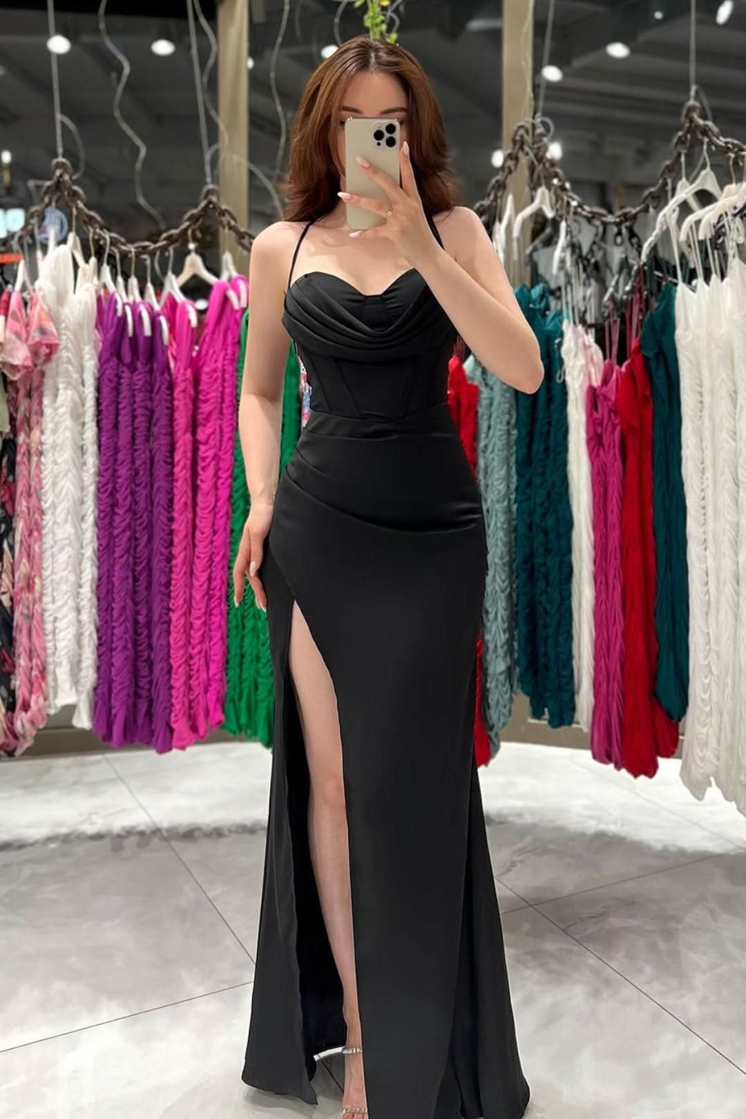 Black Spaghetti Strap Evening Dress Gown with High Slit BM bride
