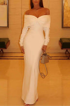 Off the Shoulder Long Sleeves Long Mermaid Prom Dress With Pleated