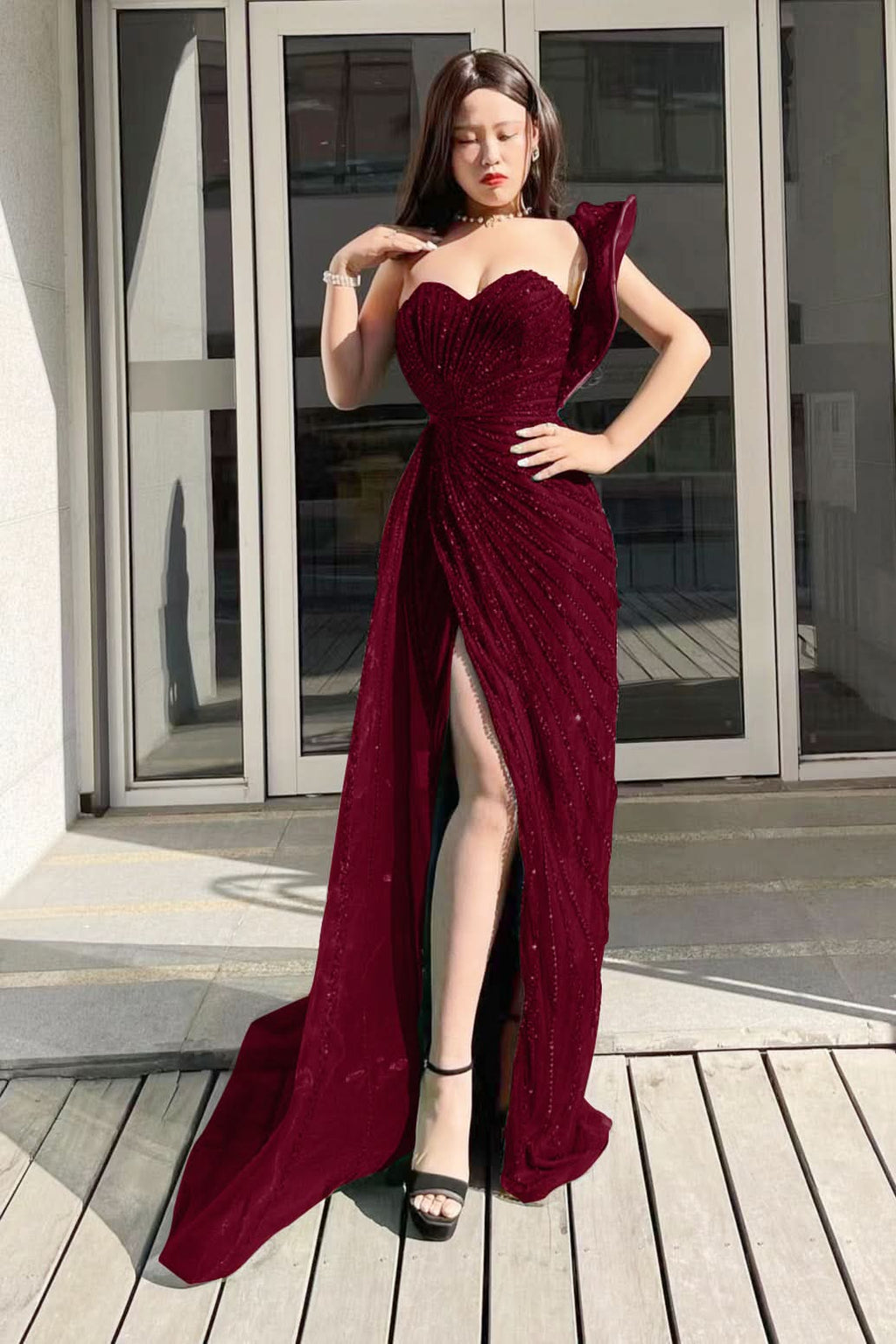 Emerald Sweetheart One-Shoulder Mermaid Prom Dress with Sequins and Split BM bride
