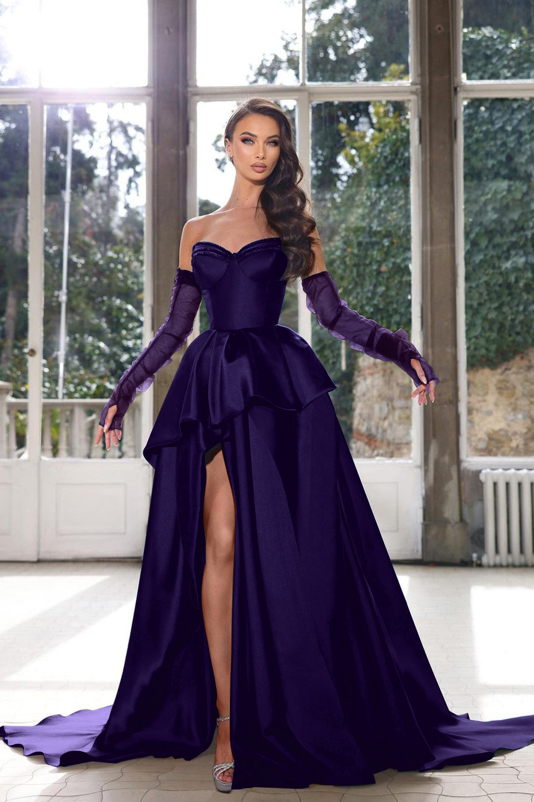 Glamorous Half Sleeves Ink Blue Prom Dress Strapless With High Split Gown BMBRIDE