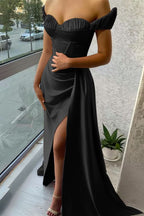 Stunning Lilac Off-the-Shoulder Evening Dress with Long Ruffle and Split BM bride