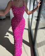 Fuchsia Acrylic Spaghetti-Straps Mermaid Prom Dress with Pearls Sequins BM bride
