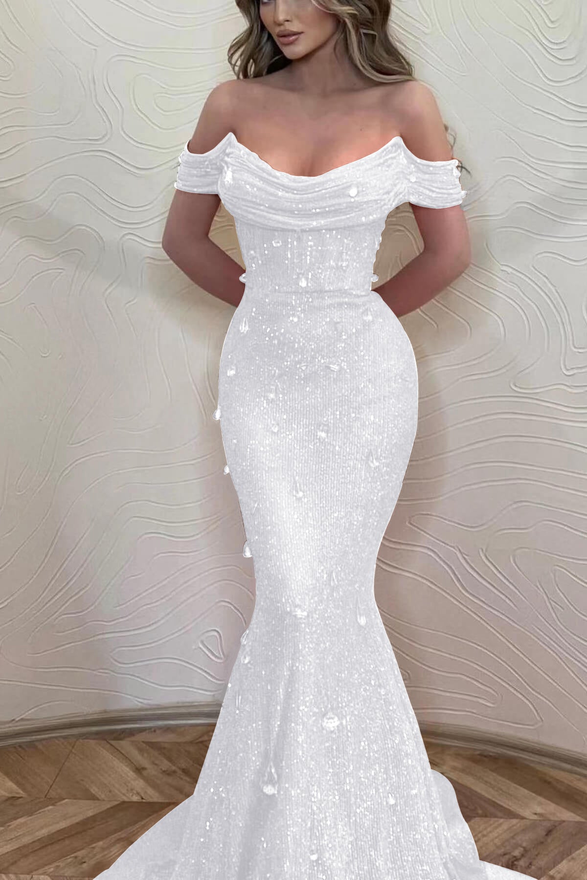 Orange Off the Shoulder Strapless Sleeveless Prom Dress With Sequins Mermaid BMBRIDE