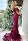 Burgundy Off-the-Shoulder Short Sleeve Appliqued Mermaid Prom Dress BM bride