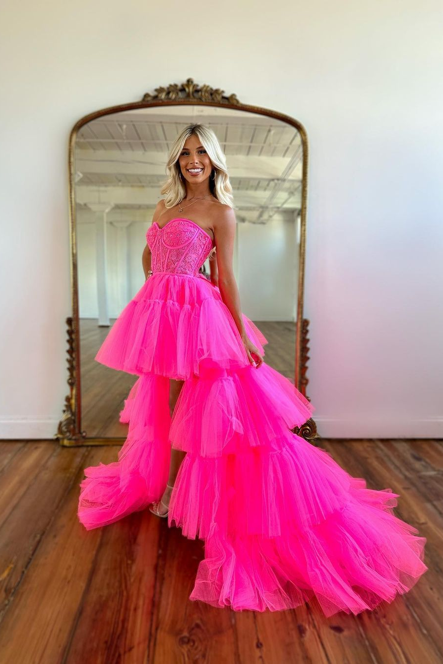 Beautiful Rose Prom Dress with Sleeveless Gown Tulle Train BM bride
